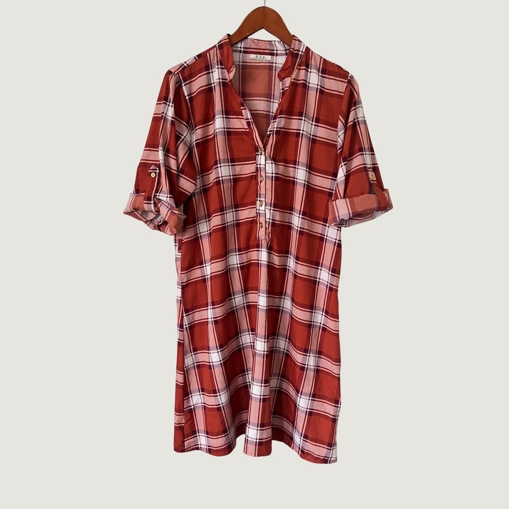 MPH Collection Plaid Tunic Dress Rust Orange Roll Tab Sleeve Women Medium